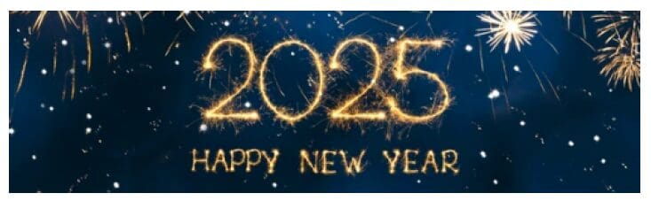 Sparkling 2025 and Happy New Year message with bright lights.