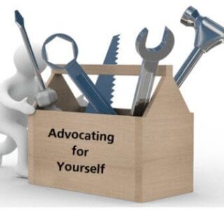A toolbox filled with tools labeled 'Advocating for Yourself'.