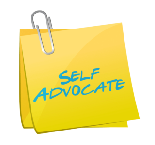 A yellow note with words “SELF ADVOCATE”